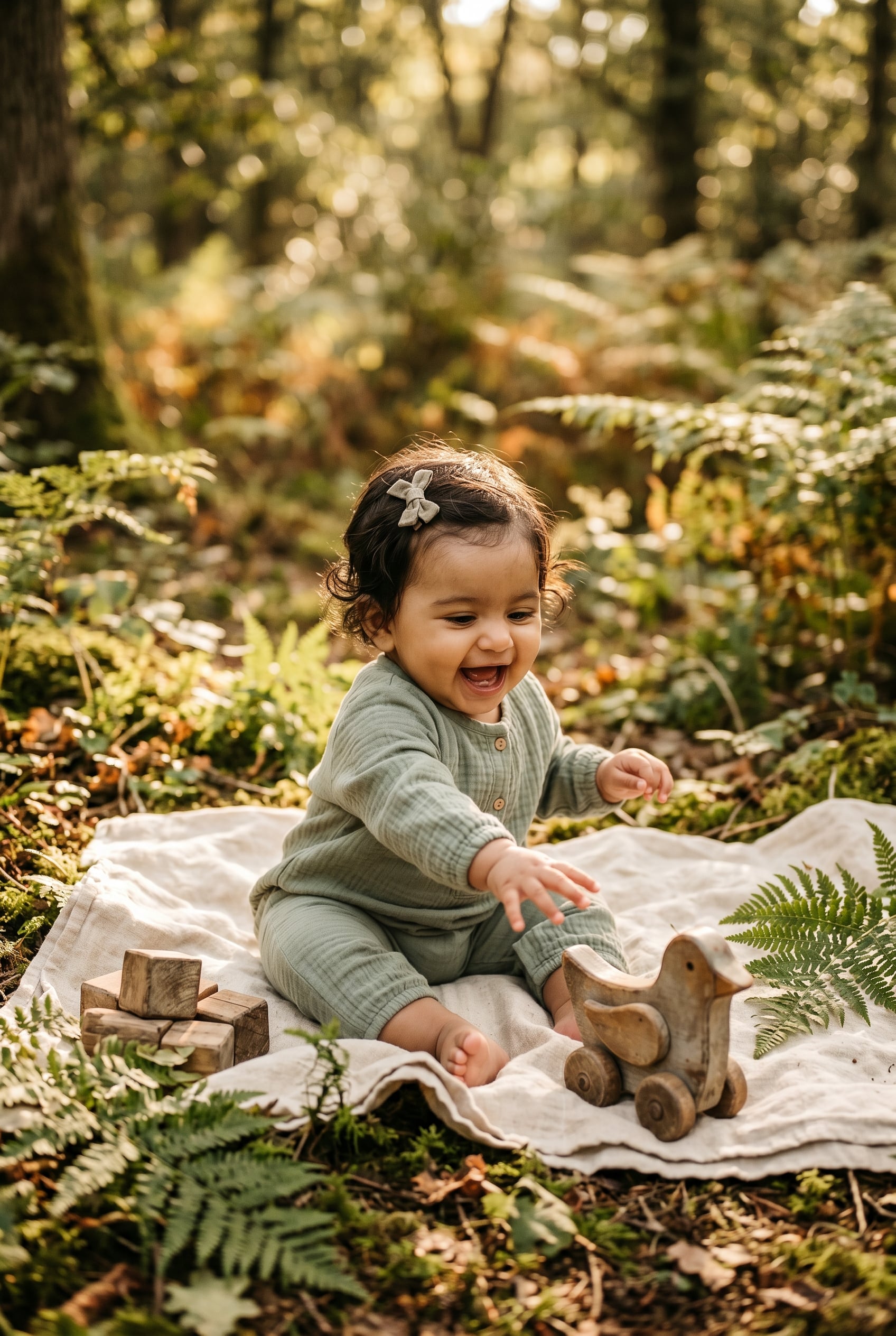 Baby Girl in a sunlit forest clearing with dappled light and natural ground — 200+ Forest Baby Names for Your Little Woodland Wanderer