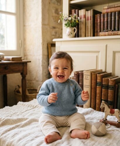Baby Boy in a sunlit European study with vintage books and cream furnishings — 200+ French Baby Boy Names With Irresistible Gallic Charm