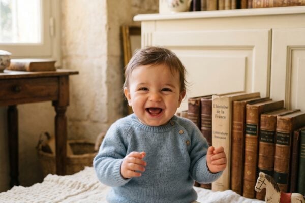 Baby Boy in a sunlit European study with vintage books and cream furnishings — 200+ French Baby Boy Names With Irresistible Gallic Charm