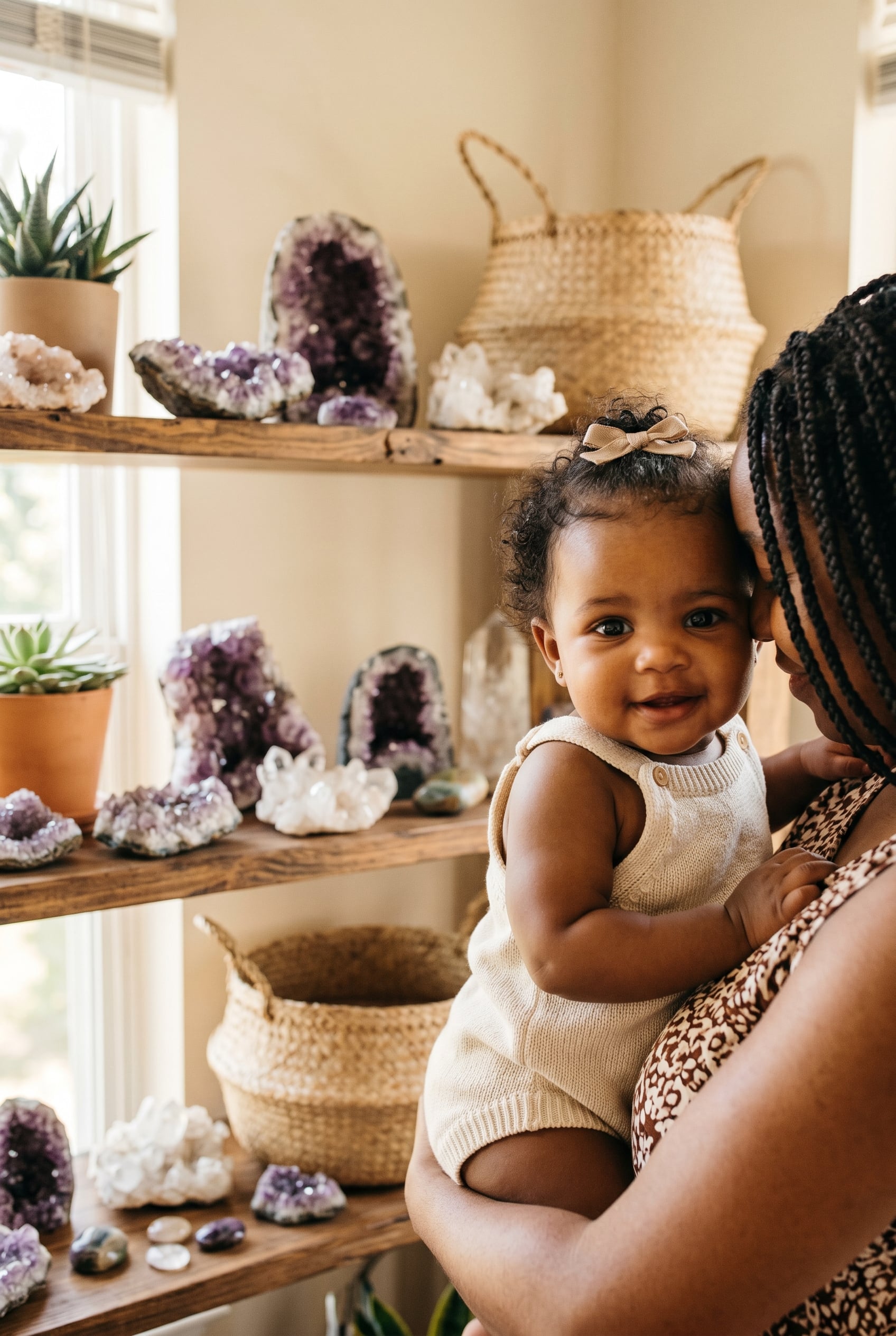 Baby Girl in a sunlit room with geodes and crystals on wooden shelves — 250+ Gemstone and Crystal Baby Names for Your Precious Little One