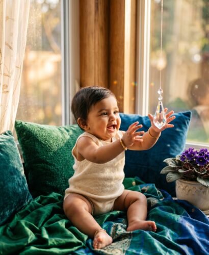 Baby Girl in a sunlit window seat draped with emerald and sapphire silks — 200+ Beautiful Gemstone Names for Girls