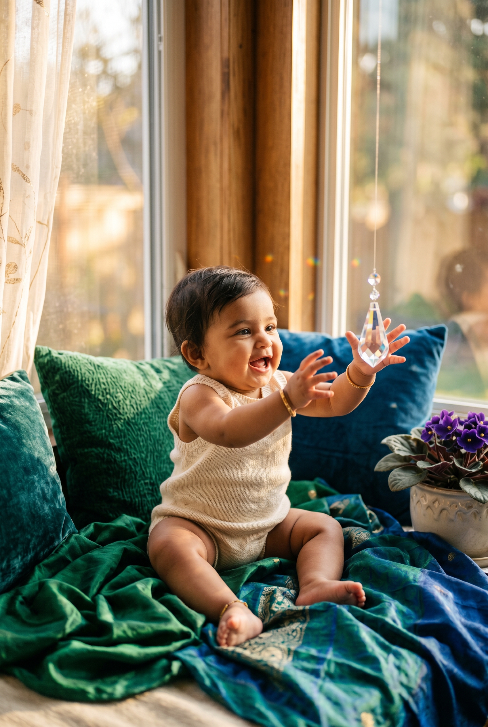Baby Girl in a sunlit window seat draped with emerald and sapphire silks — 200+ Beautiful Gemstone Names for Girls