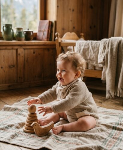 Baby Girl in a cozy Alpine cottage interior with natural wood and soft linens — 200+ German Baby Girl Names That Are Quietly Making a Comeback