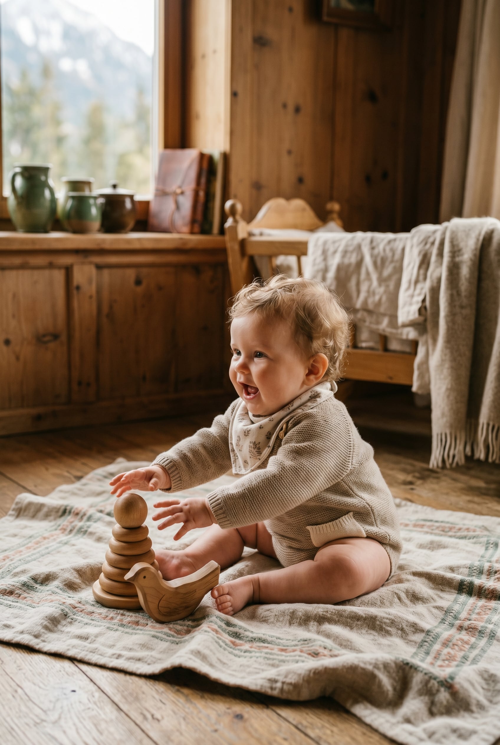 Baby Girl in a cozy Alpine cottage interior with natural wood and soft linens — 200+ German Baby Girl Names That Are Quietly Making a Comeback