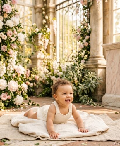 Baby Girl in a bright garden conservatory with classical stone and tumbling flowering vines — 200+ Goddess Names for Girls — Powerful, Mythical, and Wildly Unique