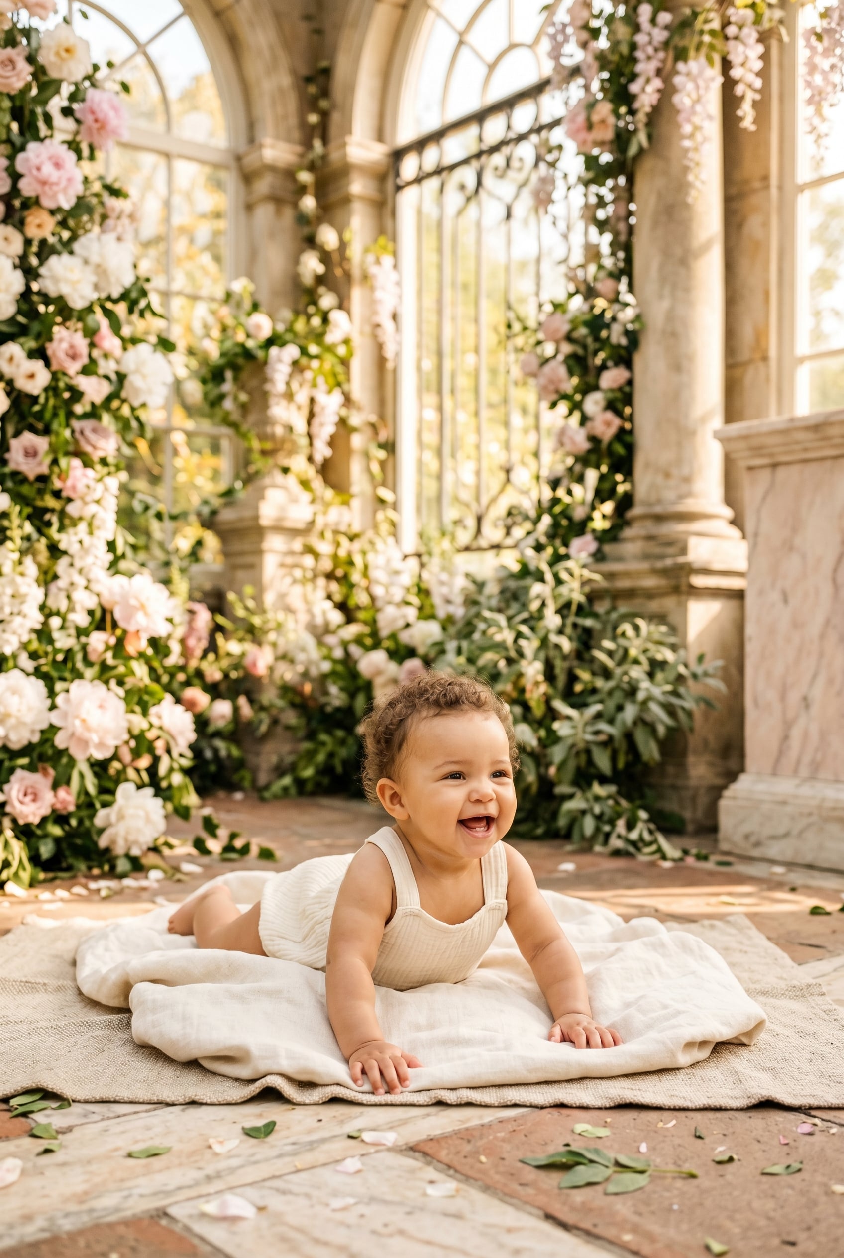 Baby Girl in a bright garden conservatory with classical stone and tumbling flowering vines — 200+ Goddess Names for Girls — Powerful, Mythical, and Wildly Unique
