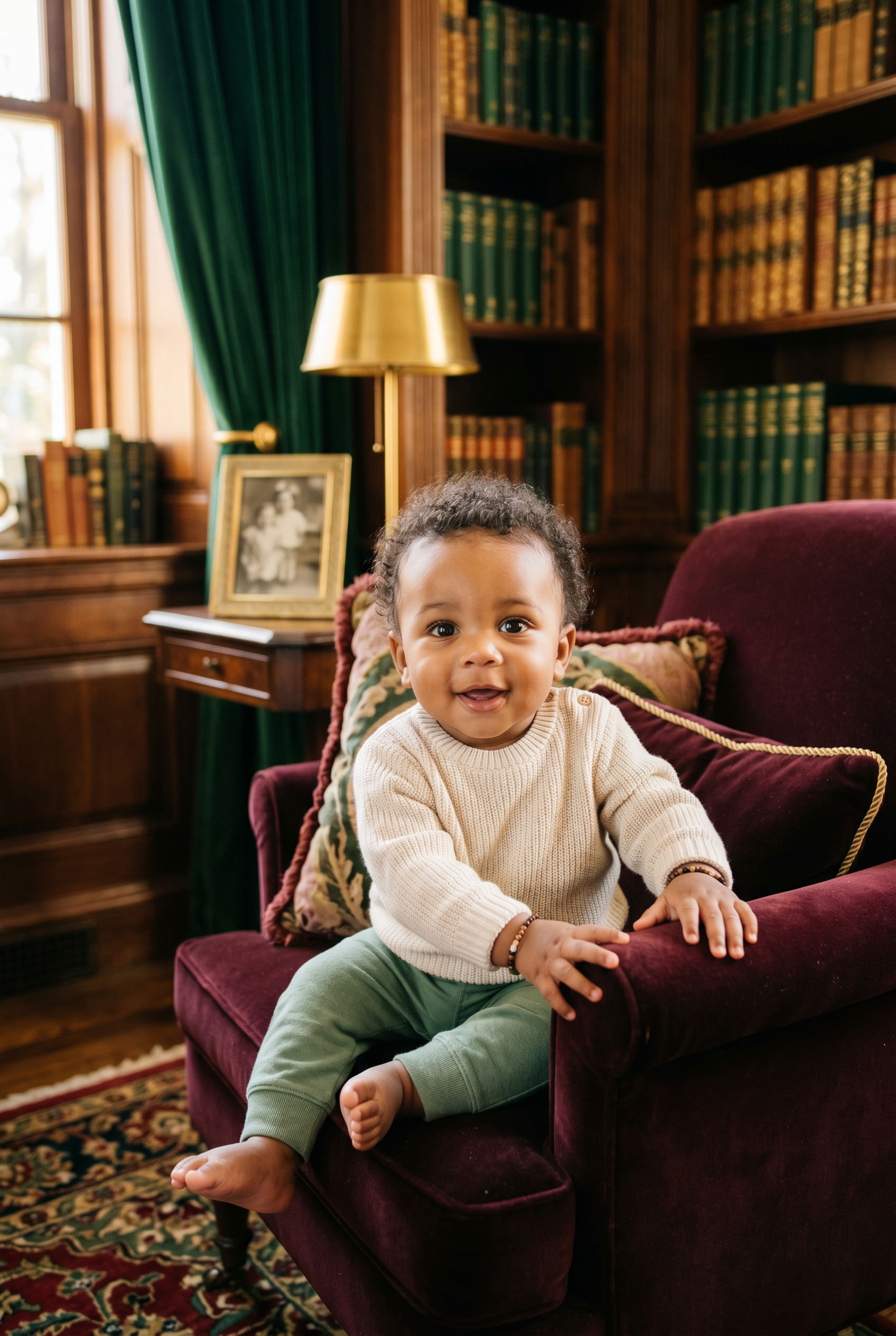 Baby Boy in an elegant study with dark wood furnishings and jewel-tone textiles — 200+ Gothic Boy Names for the Dark, Dramatic Soul