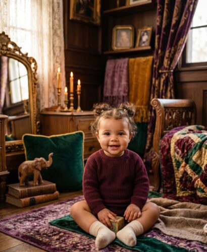 Baby Girl in a child's bedroom with velvet, jewel tones, and ornate frames — 200+ Gothic Girl Names That Are Dramatically Beautiful