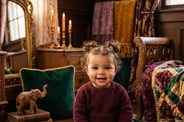 Baby Girl in a child's bedroom with velvet, jewel tones, and ornate frames — 200+ Gothic Girl Names That Are Dramatically Beautiful