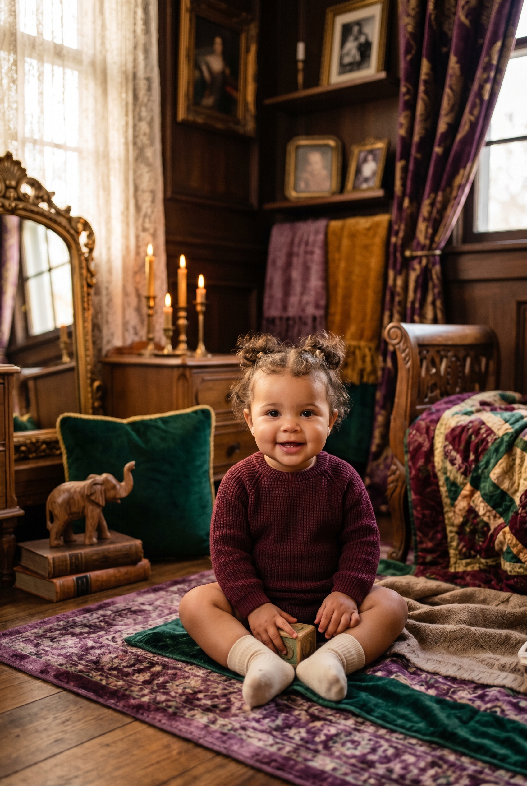 Baby Girl in a child's bedroom with velvet, jewel tones, and ornate frames — 200+ Gothic Girl Names That Are Dramatically Beautiful