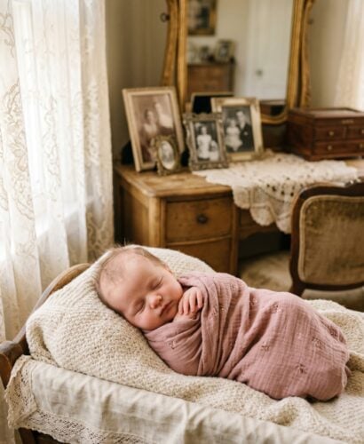 Baby Girl in a sunlit vintage sitting room with antique furnishings and heirlooms — 200+ Granny Chic Girl Names That Are Perfectly Vintage-Cool