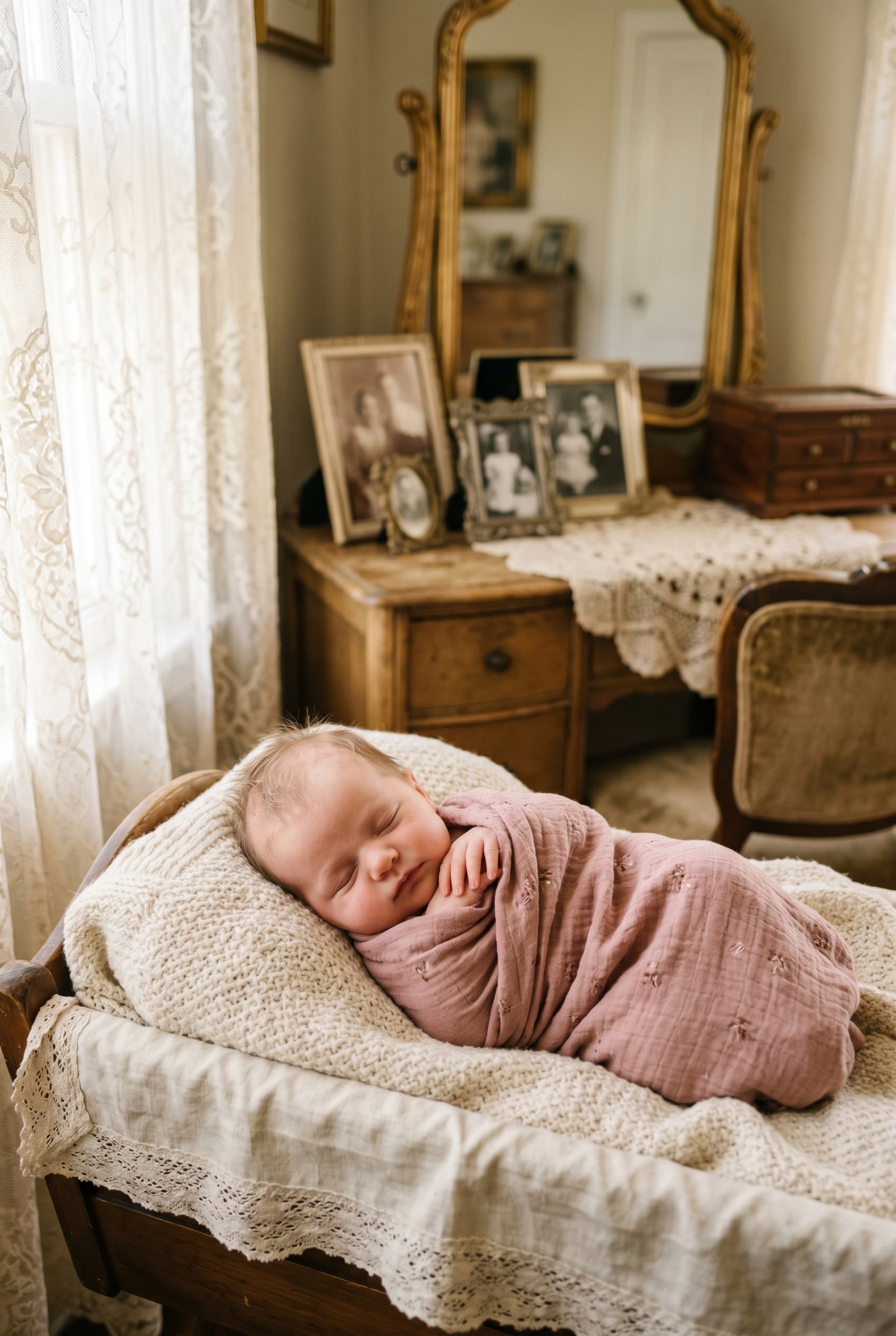 Baby Girl in a sunlit vintage sitting room with antique furnishings and heirlooms — 200+ Granny Chic Girl Names That Are Perfectly Vintage-Cool
