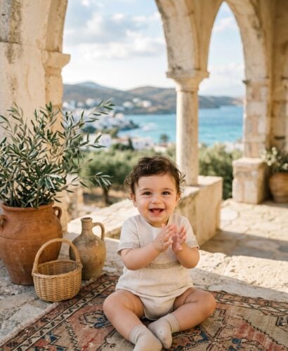 Baby Boy in a sun-drenched Mediterranean terrace with pale stone and columns — Greek Baby Boy Names With Heroic Roots