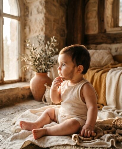 Baby Boy in a sun-filled room with natural wood beams and warm stone — 200+ Hebrew Baby Boy Names — Strong, Ancient, and Rich With Meaning