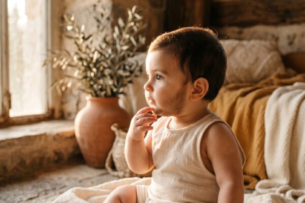 Baby Boy in a sun-filled room with natural wood beams and warm stone — 200+ Hebrew Baby Boy Names — Strong, Ancient, and Rich With Meaning