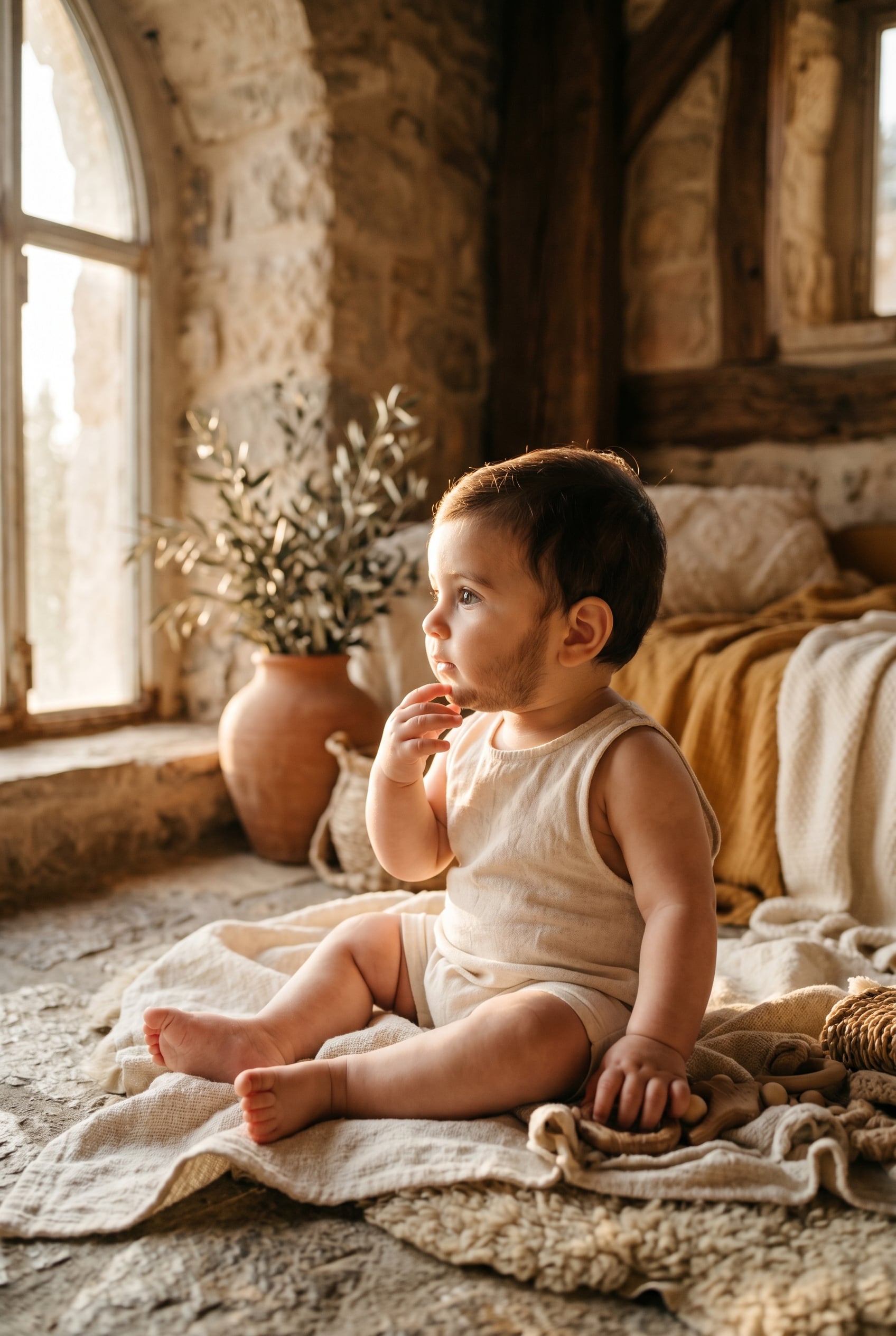 Baby Boy in a sun-filled room with natural wood beams and warm stone — 200+ Hebrew Baby Boy Names — Strong, Ancient, and Rich With Meaning