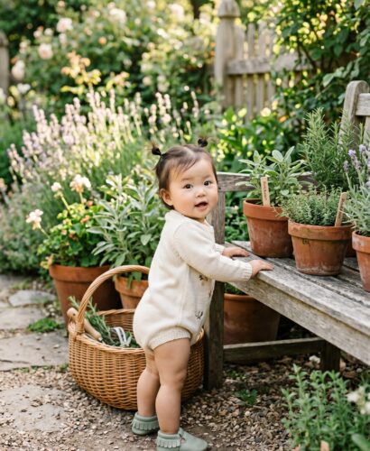 Baby Girl in a sunlit herb garden with botanical pots and natural borders — 200+ Herb and Garden Plant Baby Names for Earthy Parents