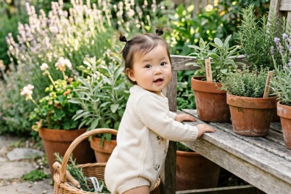 Baby Girl in a sunlit herb garden with botanical pots and natural borders — 200+ Herb and Garden Plant Baby Names for Earthy Parents