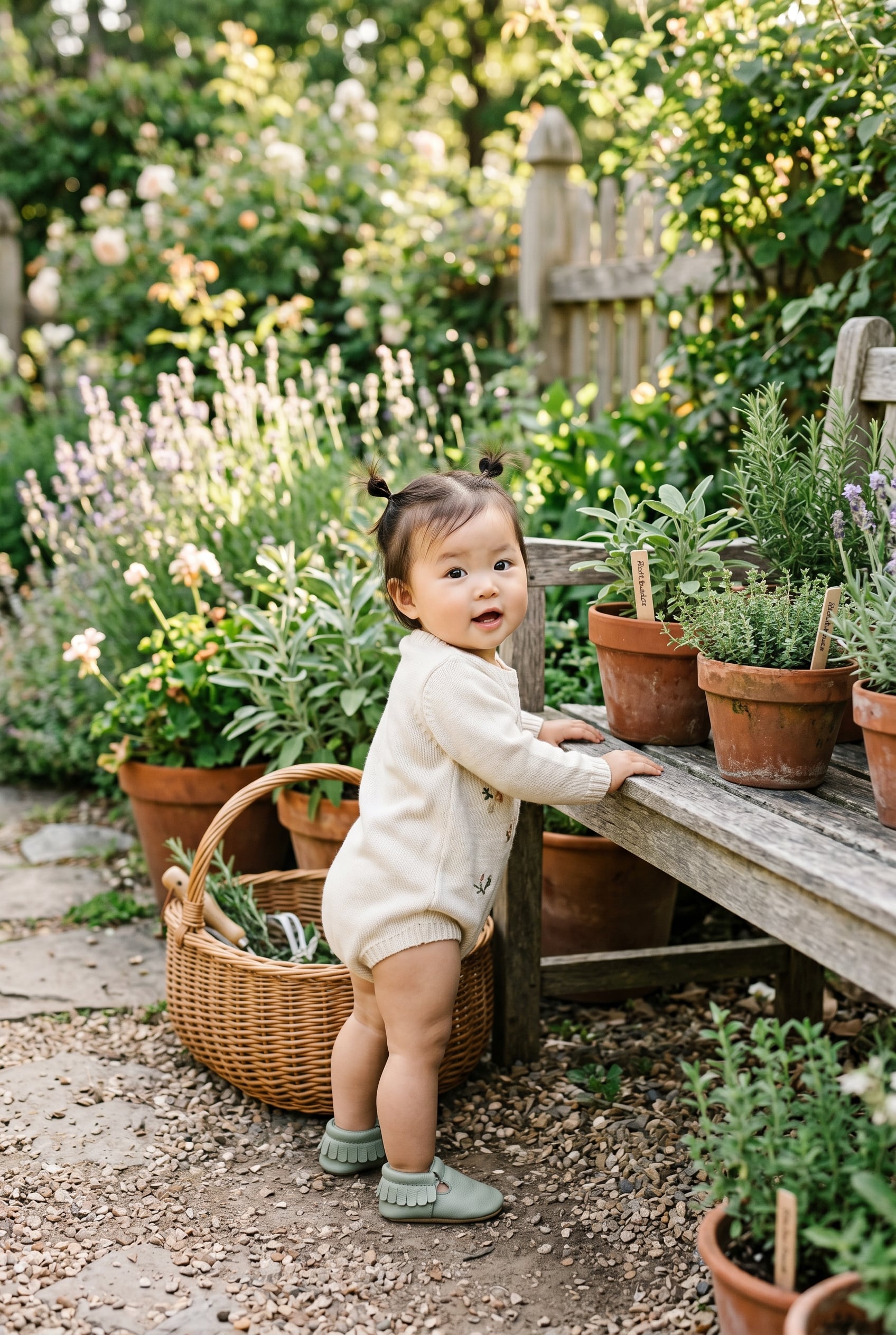 Baby Girl in a sunlit herb garden with botanical pots and natural borders — 200+ Herb and Garden Plant Baby Names for Earthy Parents
