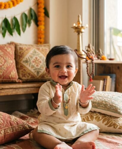 Baby Boy in a sun-lit room with embroidered Indian textiles and warm earth accents — 250+ Hindu Baby Boy Names — Sacred, Strong, and Steeped in Tradition