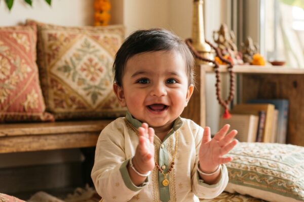 Baby Boy in a sun-lit room with embroidered Indian textiles and warm earth accents — 250+ Hindu Baby Boy Names — Sacred, Strong, and Steeped in Tradition
