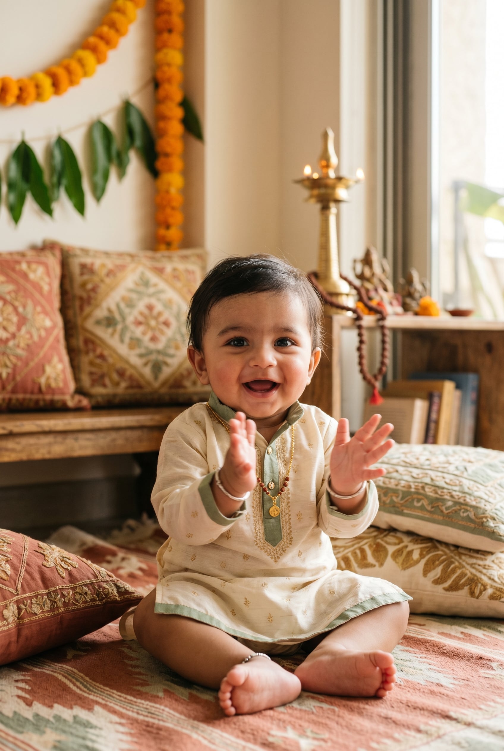 Baby Boy in a sun-lit room with embroidered Indian textiles and warm earth accents — 250+ Hindu Baby Boy Names — Sacred, Strong, and Steeped in Tradition