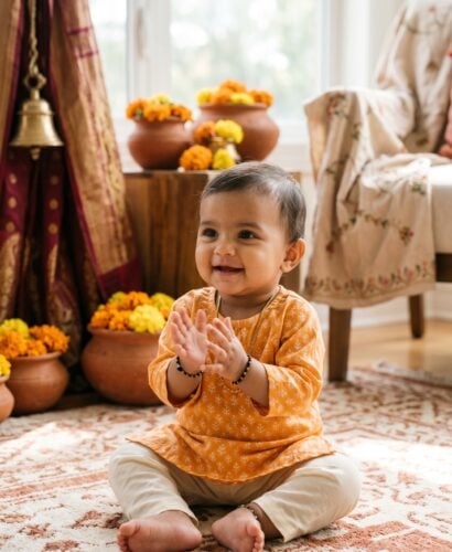 Baby Girl in an airy sun-lit room with fresh marigolds and Indian textiles — 250+ Hindu Baby Girl Names — Melodious, Sacred, and Full of Meaning