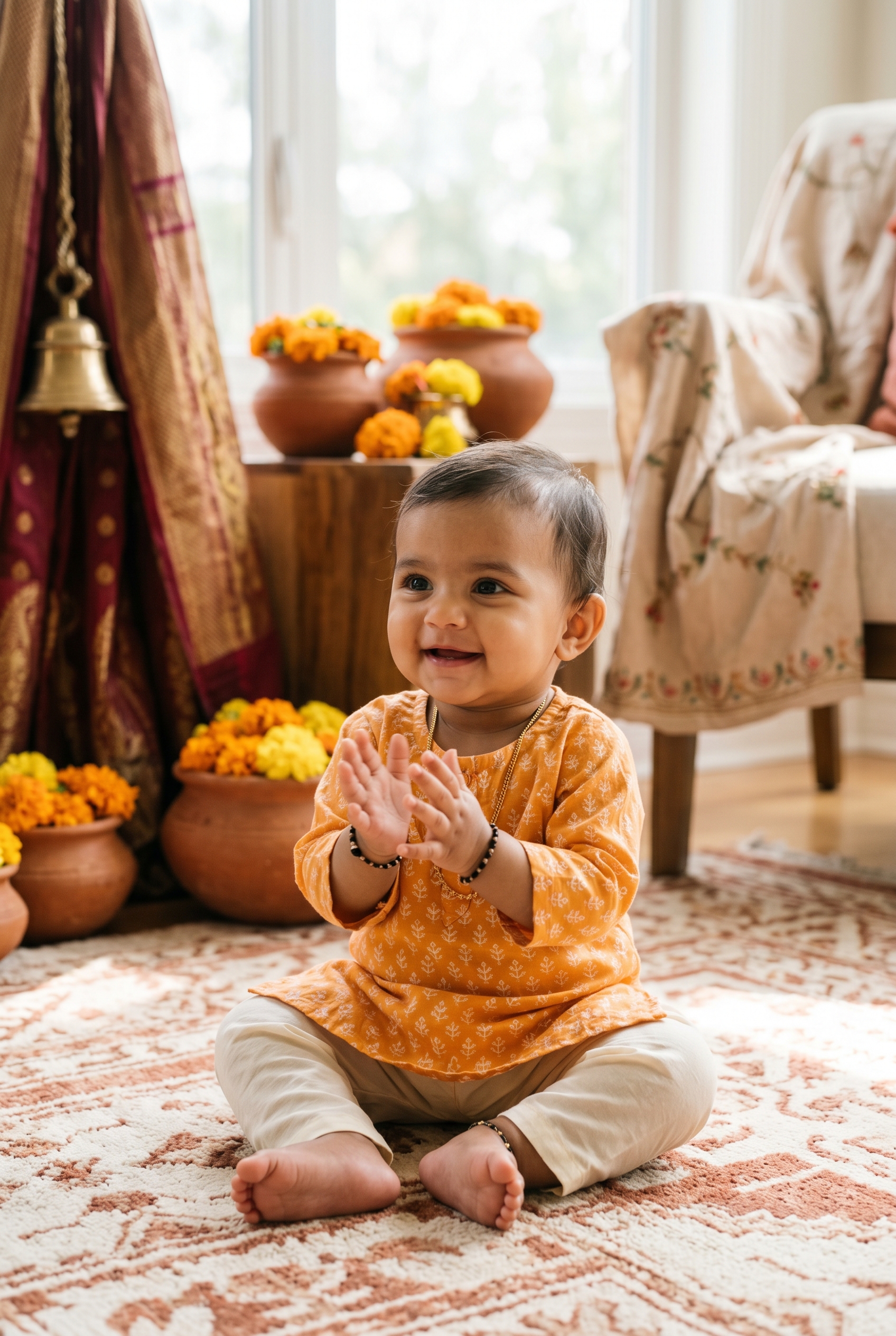 Baby Girl in an airy sun-lit room with fresh marigolds and Indian textiles — 250+ Hindu Baby Girl Names — Melodious, Sacred, and Full of Meaning