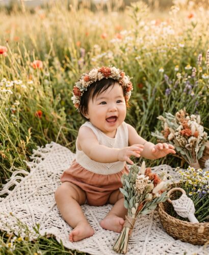 Baby Girl in a wildflower meadow bathed in warm golden hour light — 200+ Hippie Baby Names With Peace, Love, and Flower Power