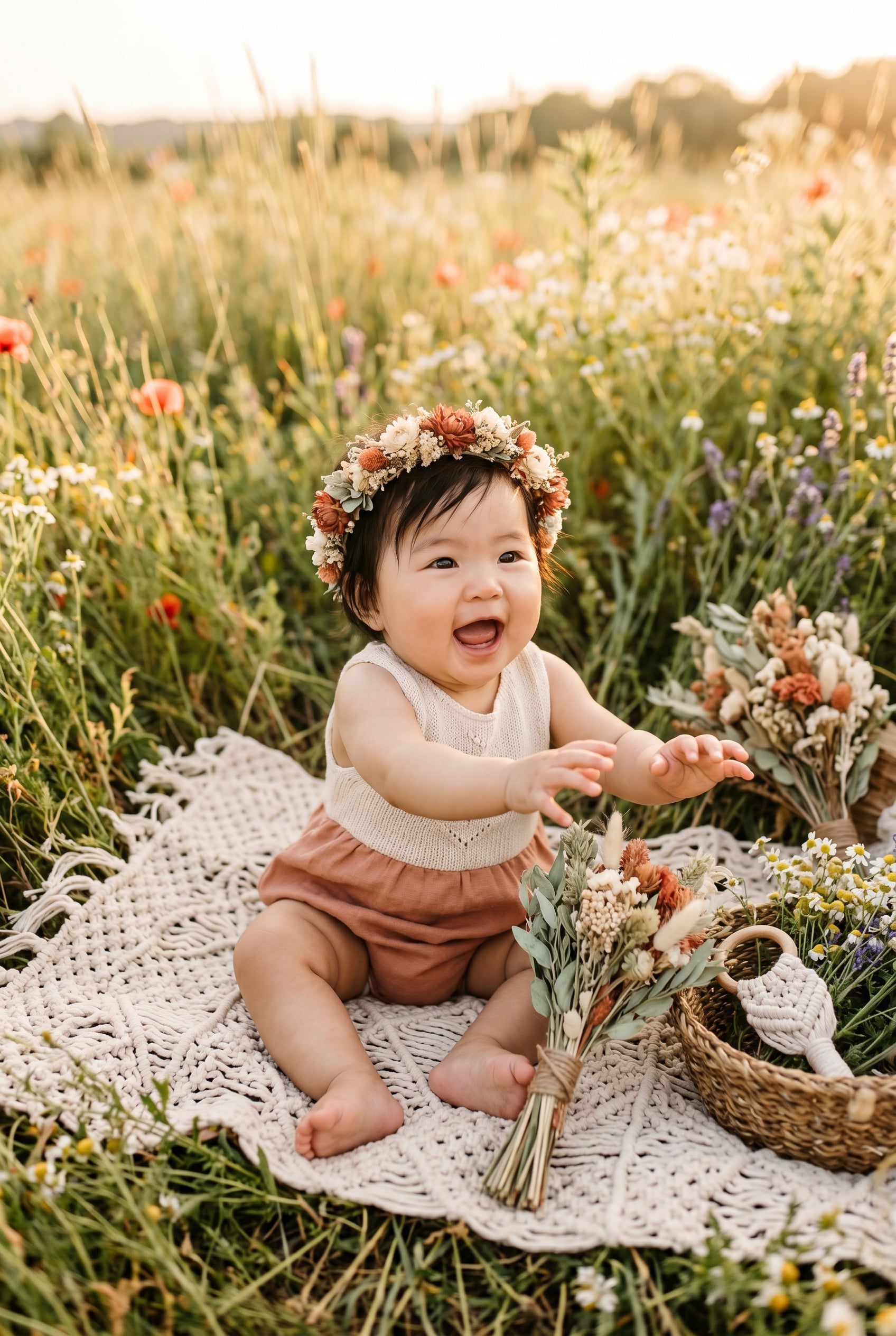 Baby Girl in a wildflower meadow bathed in warm golden hour light — 200+ Hippie Baby Names With Peace, Love, and Flower Power