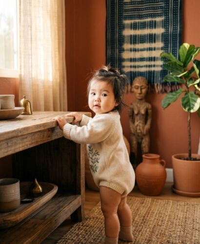 Baby Girl in a sun-lit corner with woven textiles and terracotta-toned walls — 200+ Igbo Baby Names From the Heart of Nigeria