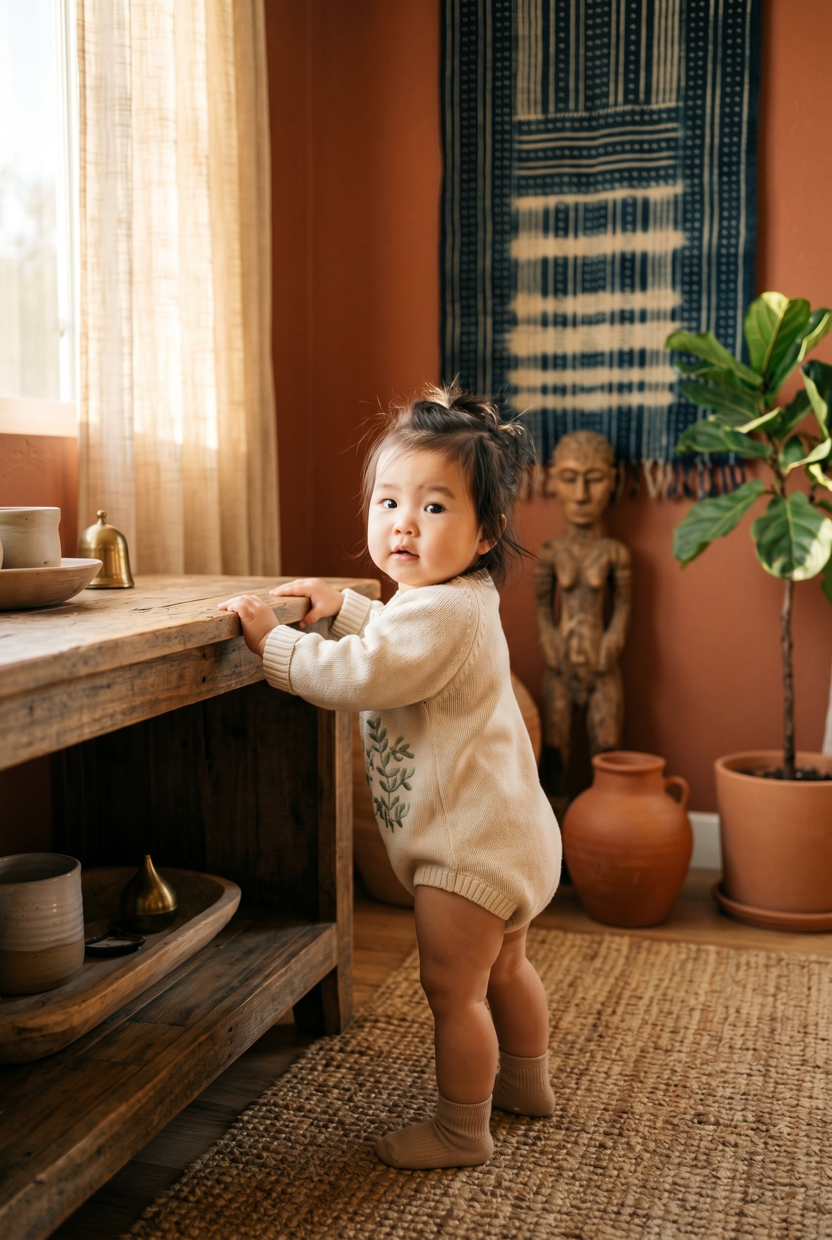 Baby Girl in a sun-lit corner with woven textiles and terracotta-toned walls — 200+ Igbo Baby Names From the Heart of Nigeria