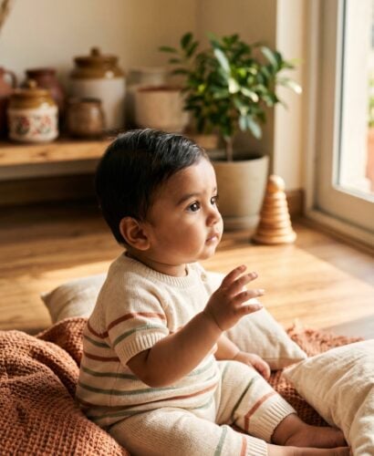 Baby Boy in a sun-filled living room with warm wood and natural textiles — 200+ Indian Baby Boy Names That Cross Languages and Generations