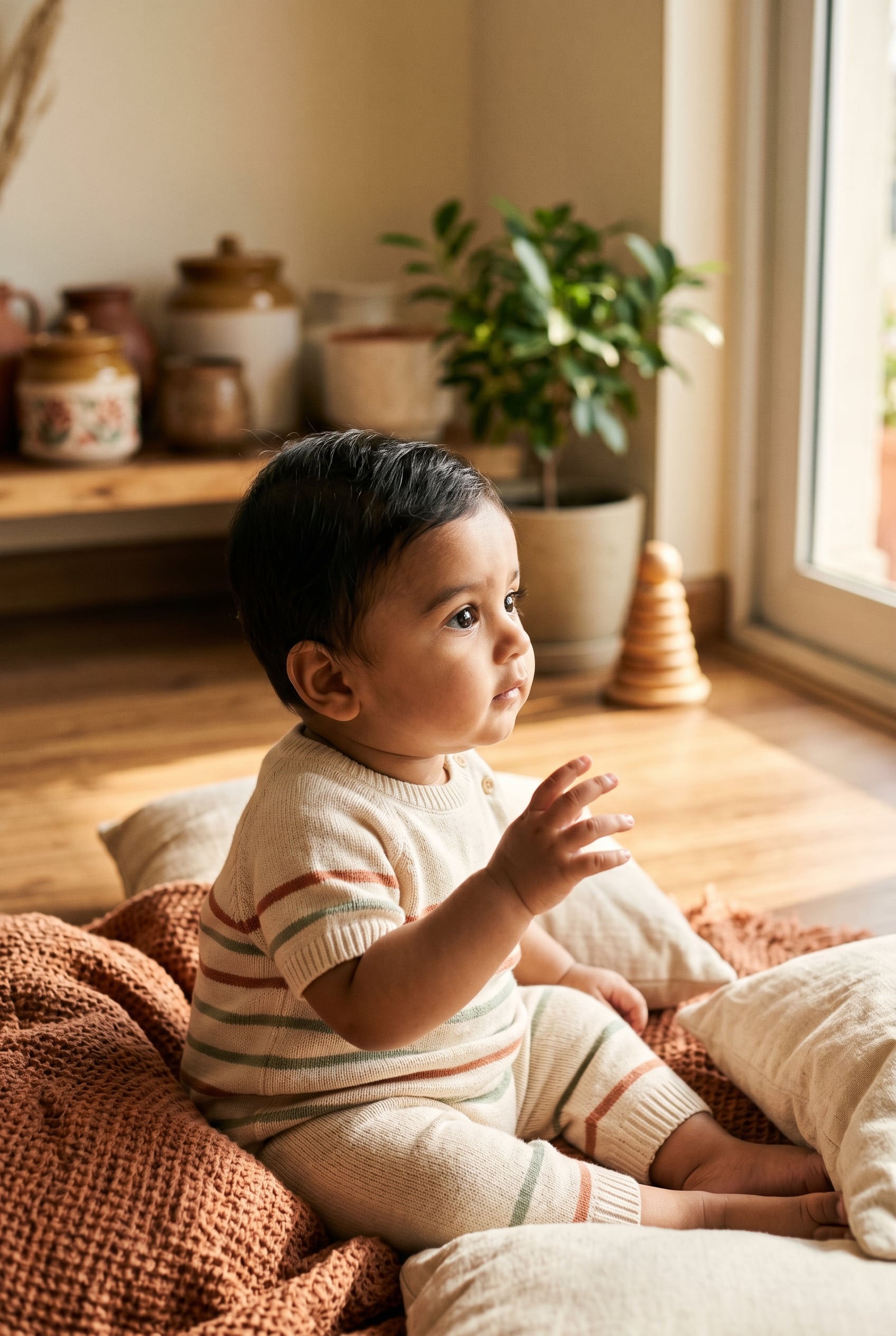 Baby Boy in a sun-filled living room with warm wood and natural textiles — 200+ Indian Baby Boy Names That Cross Languages and Generations