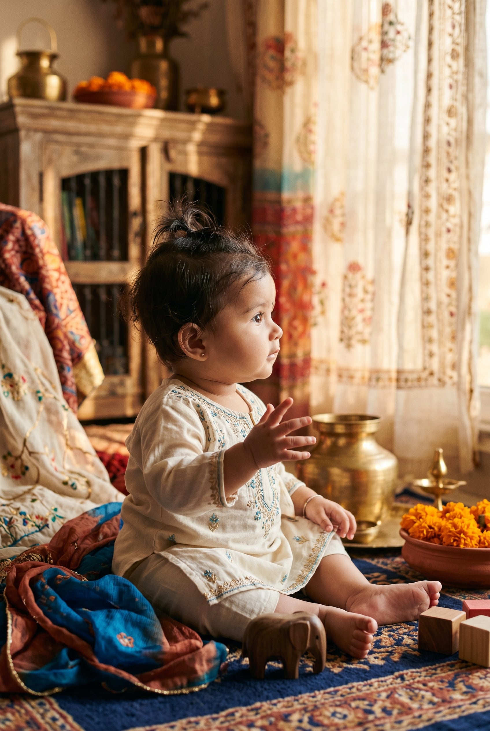 Baby Girl in a sunlit living room with layered traditional Indian textiles — 200+ Indian Baby Girl Names Spanning Every Region and Tradition