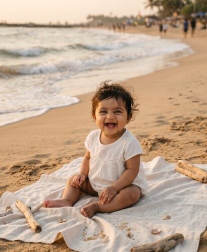 Baby Girl in a soft sandy beach at golden hour near gentle waves — 200+ Island Baby Names for Families Who Love the Sea