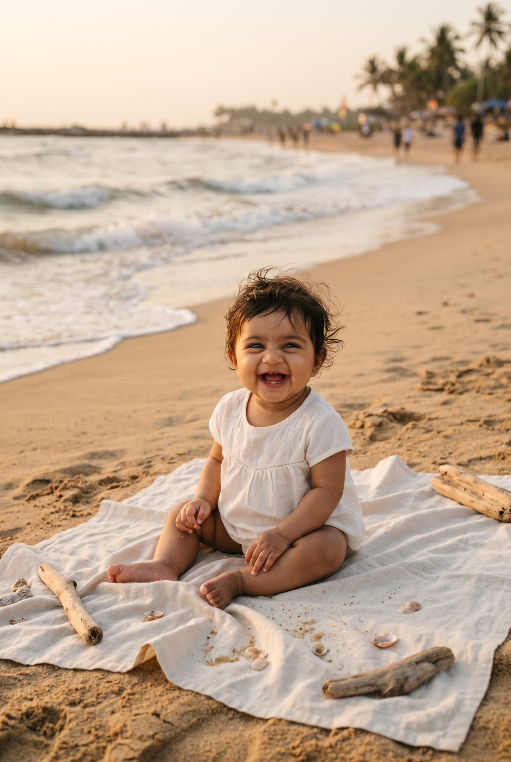 Baby Girl in a soft sandy beach at golden hour near gentle waves — 200+ Island Baby Names for Families Who Love the Sea