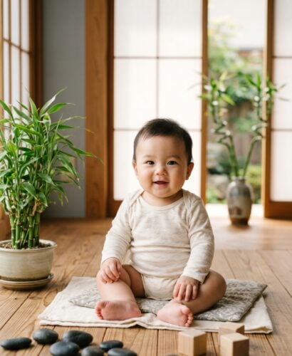 Baby Boy in a serene wood-floored room with shoji screens and bamboo plants — 200+ Japanese Baby Boy Names That Are Strong and Serene