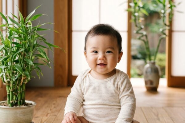 Baby Boy in a serene wood-floored room with shoji screens and bamboo plants — 200+ Japanese Baby Boy Names That Are Strong and Serene