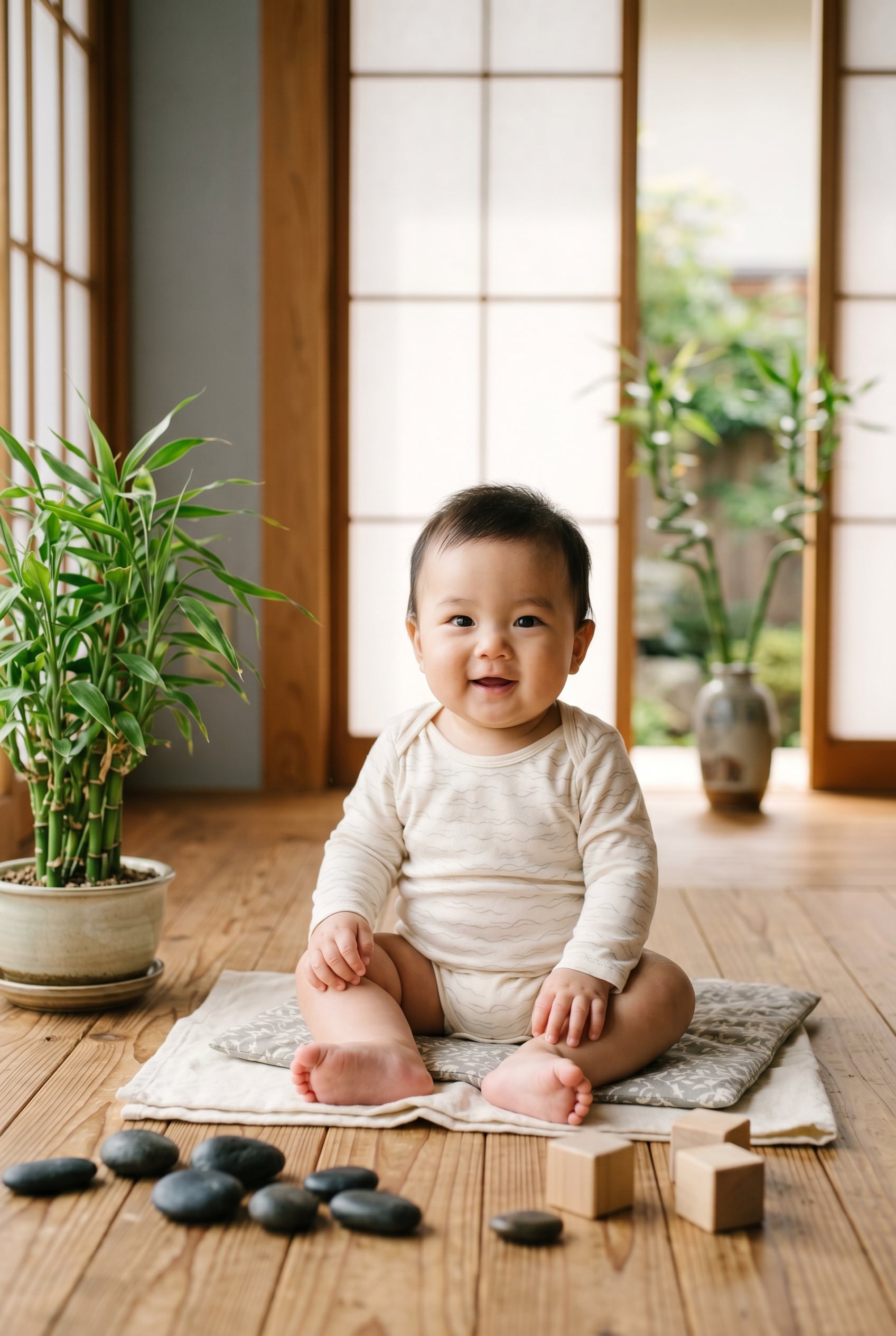 Baby Boy in a serene wood-floored room with shoji screens and bamboo plants — 200+ Japanese Baby Boy Names That Are Strong and Serene