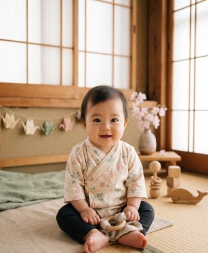 Baby Girl in a light-filled room with shoji screens and soft tatami corners — 200+ Japanese Baby Girl Names With Beautiful Kanji Meanings