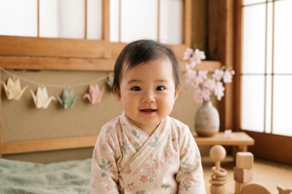 Baby Girl in a light-filled room with shoji screens and soft tatami corners — 200+ Japanese Baby Girl Names With Beautiful Kanji Meanings