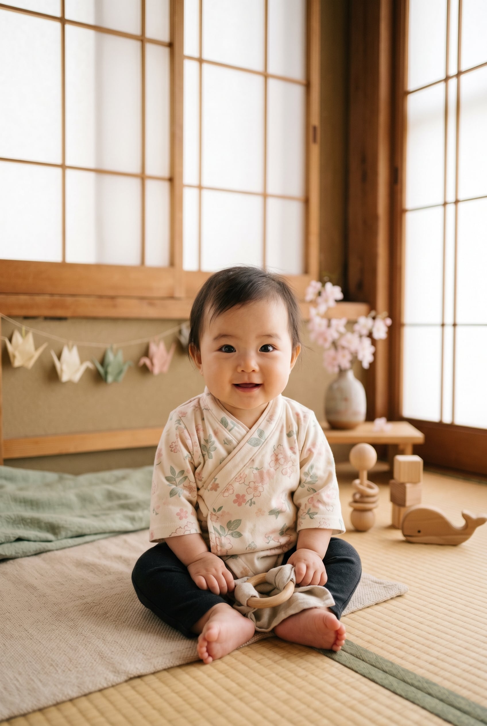 Baby Girl in a light-filled room with shoji screens and soft tatami corners — 200+ Japanese Baby Girl Names With Beautiful Kanji Meanings