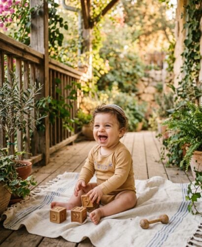 Baby Boy in a light-filled garden porch with weathered timber and soft greenery — Jewish Baby Boy Names With Hebrew Strength