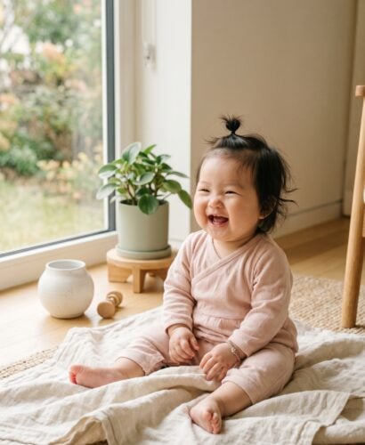 Baby Girl in a sunlit home corner near tall windows, minimal Korean aesthetic — 200+ Korean Baby Girl Names With Stunning Meanings