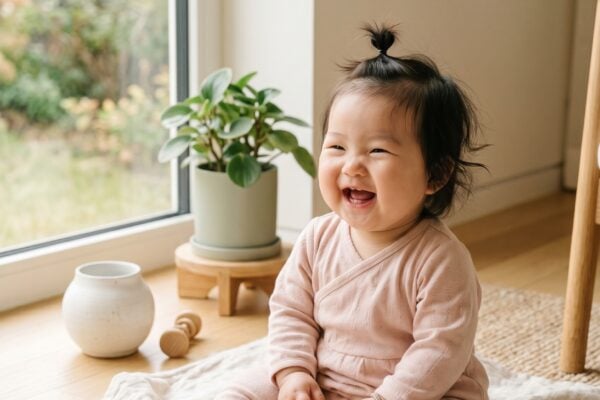 Baby Girl in a sunlit home corner near tall windows, minimal Korean aesthetic — 200+ Korean Baby Girl Names With Stunning Meanings