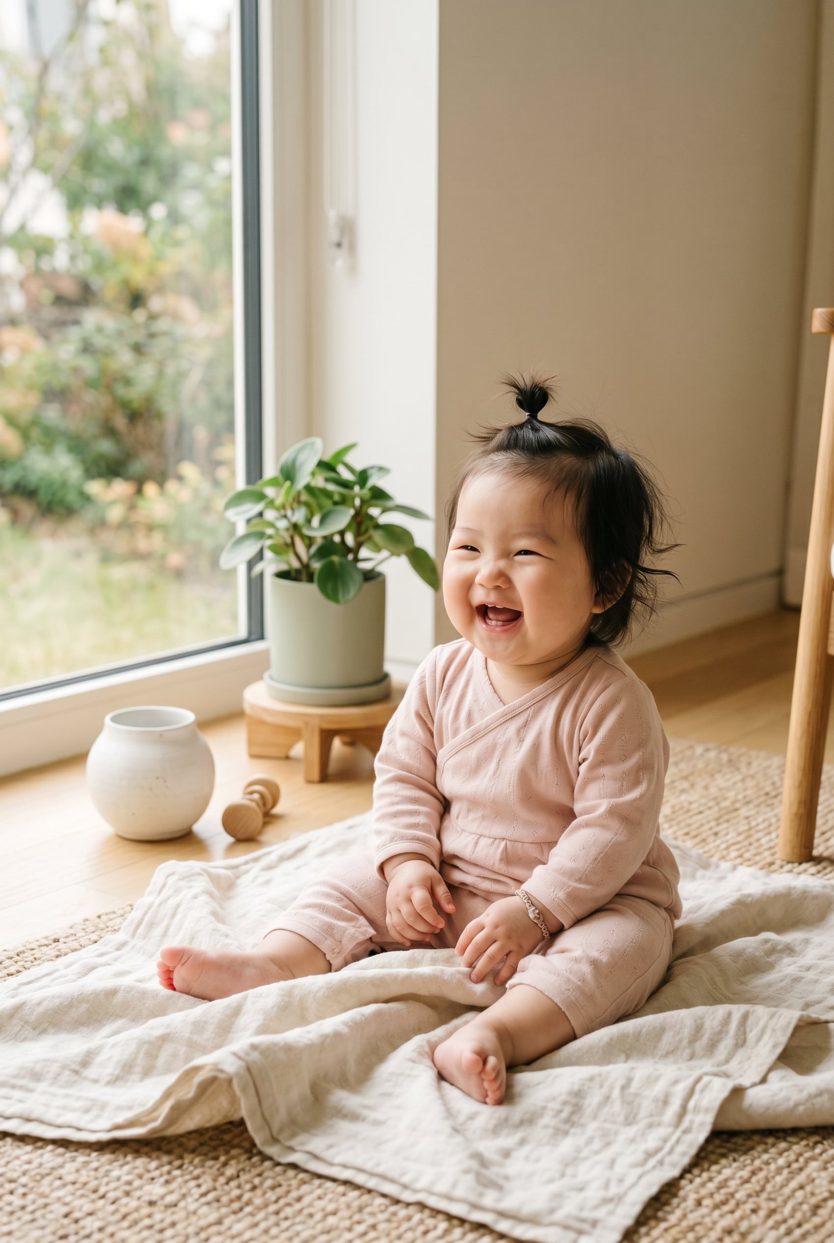 Baby Girl in a sunlit home corner near tall windows, minimal Korean aesthetic — 200+ Korean Baby Girl Names With Stunning Meanings