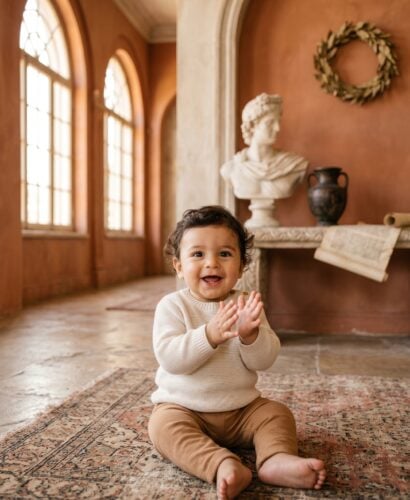 Baby Boy in a sunlit classical room with warm terracotta walls and arches — 200+ Latin Baby Boy Names Rooted in Ancient Rome