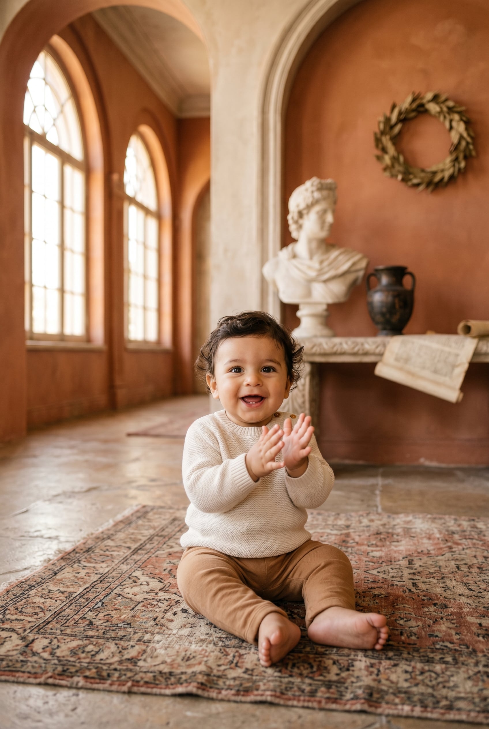 Baby Boy in a sunlit classical room with warm terracotta walls and arches — 200+ Latin Baby Boy Names Rooted in Ancient Rome