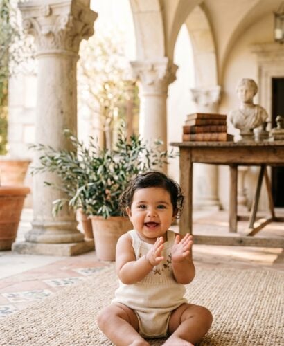 Baby Girl in a sunlit villa courtyard with classical stone columns and arches — 200+ Latin Baby Girl Names That Are Classic and Timeless